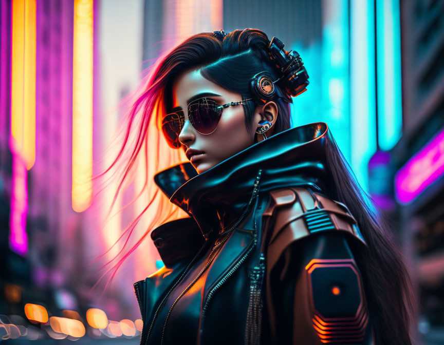 Futuristic cyberpunk woman in neon cityscape with high-collar leather jacket