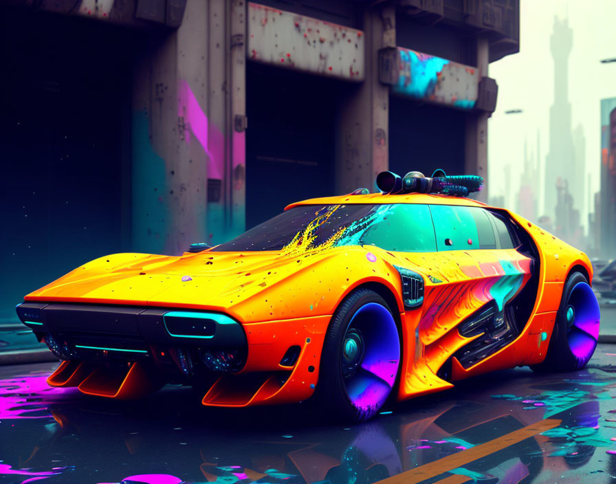 Vibrant graffiti on futuristic orange sports car in cyberpunk cityscape