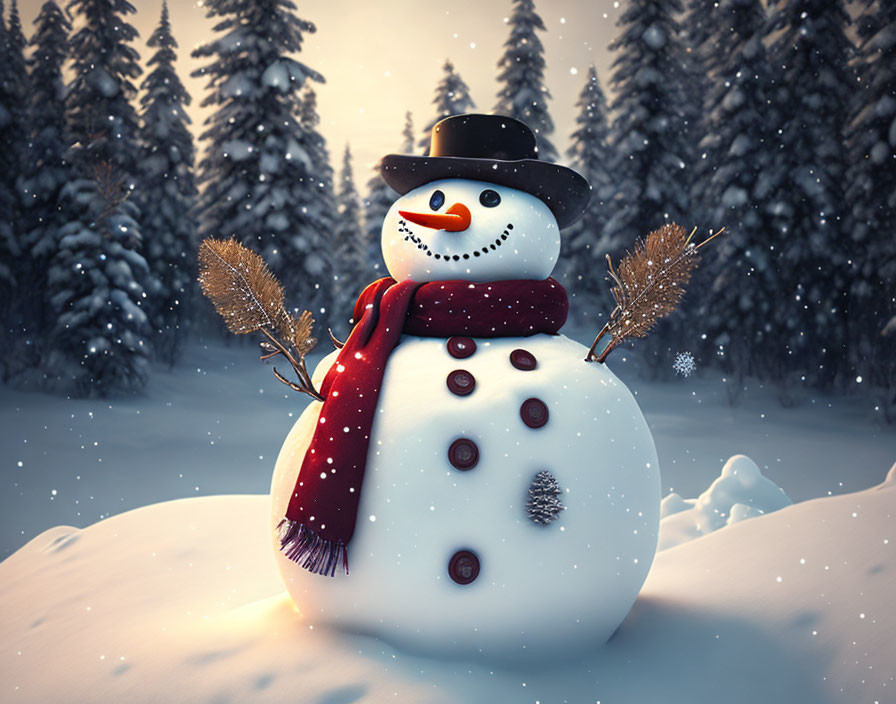 Cheerful snowman with top hat and red scarf in snowy landscape