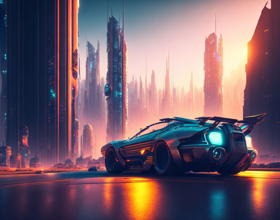 Futuristic cityscape with neon skyscrapers and sleek car at dusk