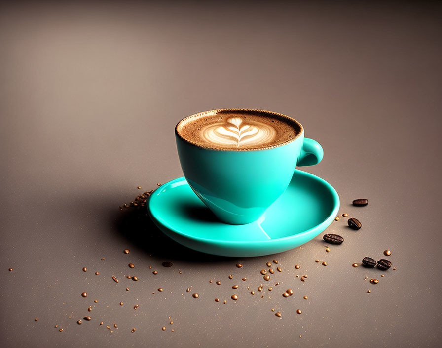 Turquoise cup with latte art heart, saucer, and coffee beans on dark surface