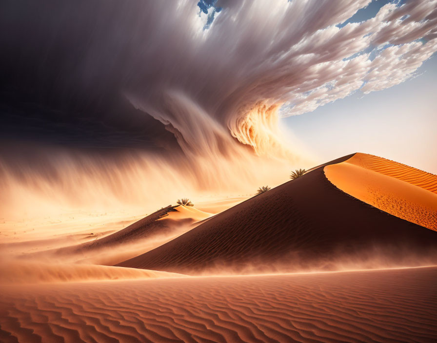 Desert landscape with towering sand dune, palm trees, and swirling cloud formation