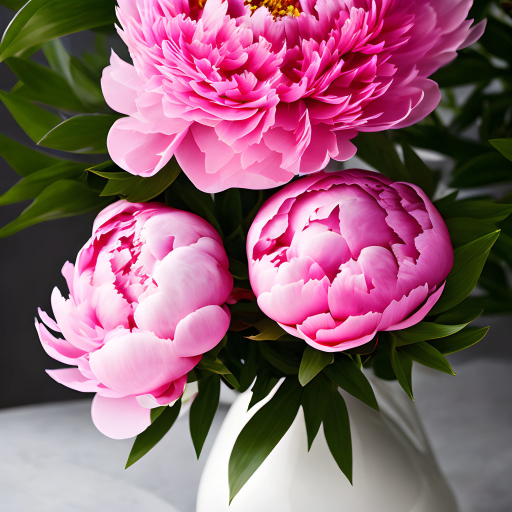 Vibrant pink peonies in full bloom against grey background