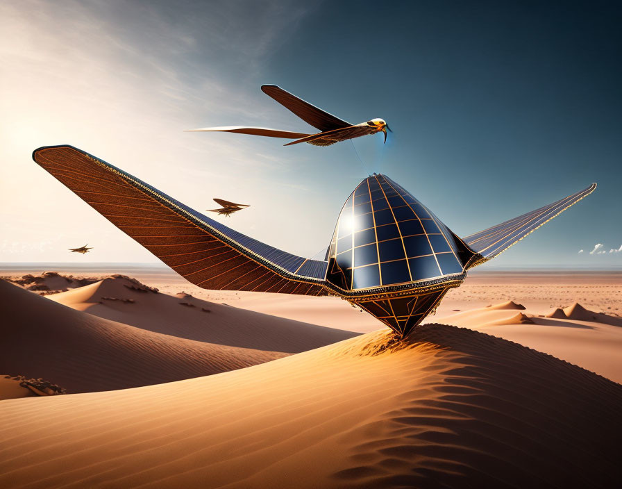 Futuristic solar-powered aircraft in desert landscape with clear sky