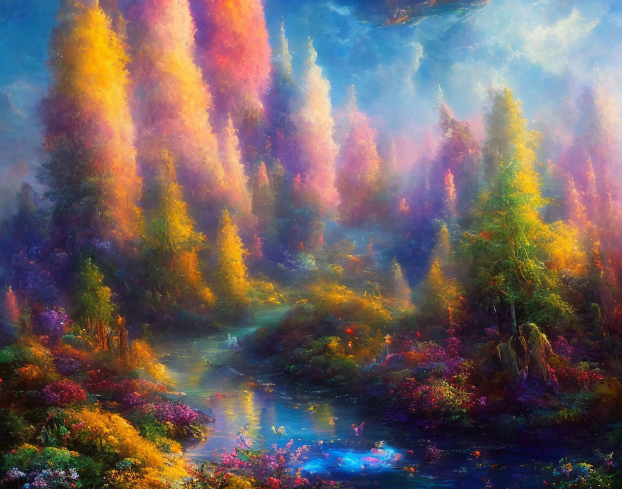 Colorful Autumn Forest Painting with Stream and Mystical Atmosphere