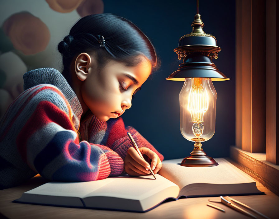 Young girl writing in notebook under oil lamp with flowers in background