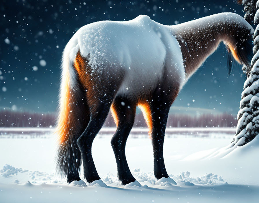 Snow-covered horse near tree in tranquil snowy landscape