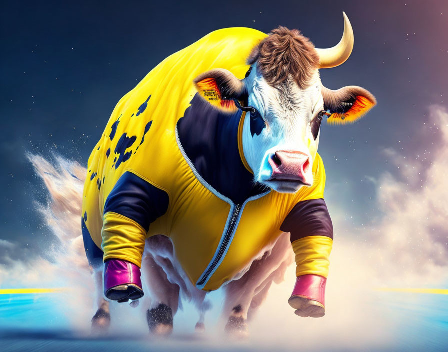 Bull in superhero costume with cape striking dynamic pose