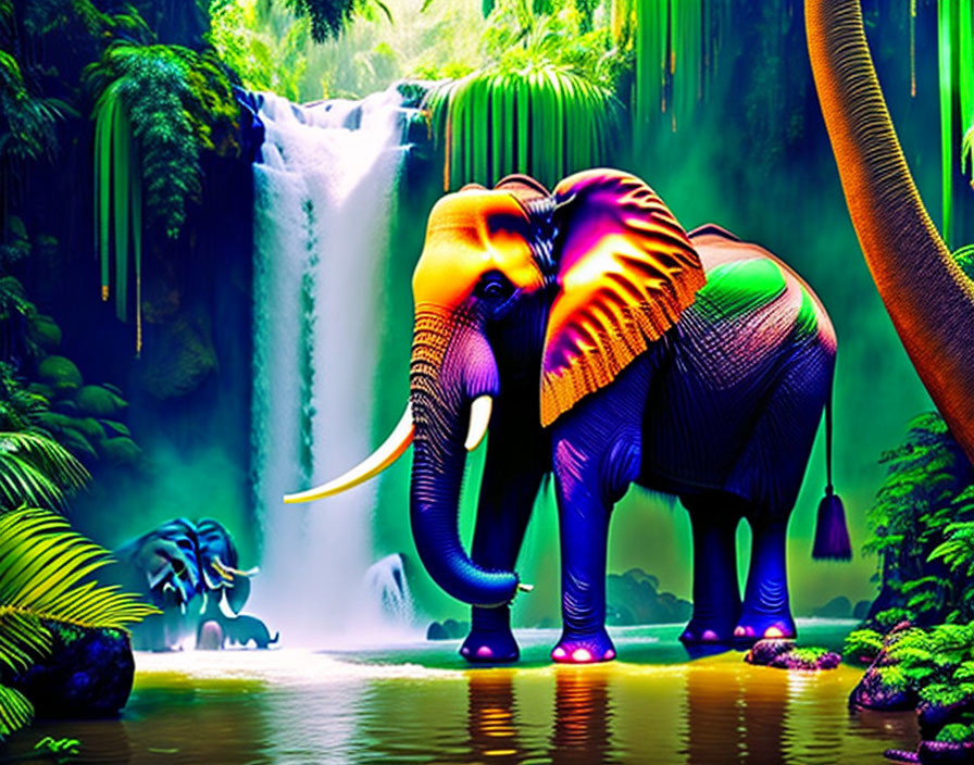 Colorful Elephant in Jungle with Waterfall and Neon Lighting