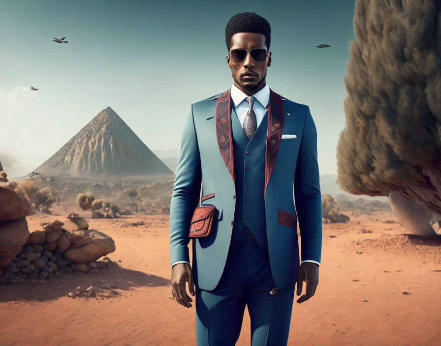 Stylish man in blue suit with red accents in surreal desert scene