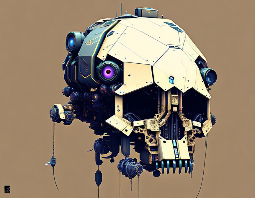 Intricate futuristic mechanical floating head with purple eye and robotic appendages