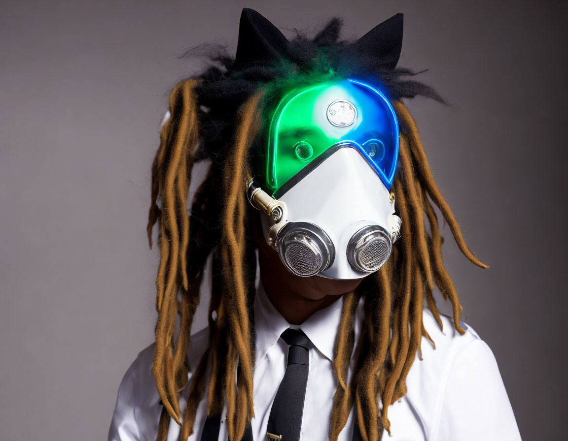 Dreadlocked person in white shirt and tie with futuristic glowing green mask