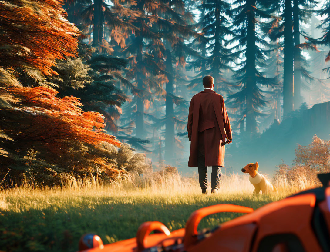 Person with dog in coat near open orange car in sunlit forest.