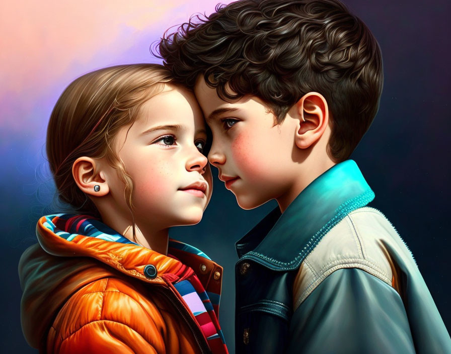 Detailed Digital Art: Young Girl and Boy Gazing with Vibrant Background