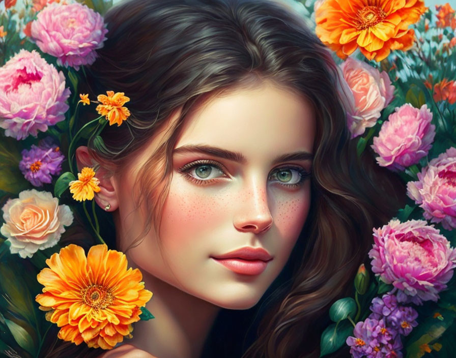 Digital painting of young woman with green eyes and flowers in vibrant colors