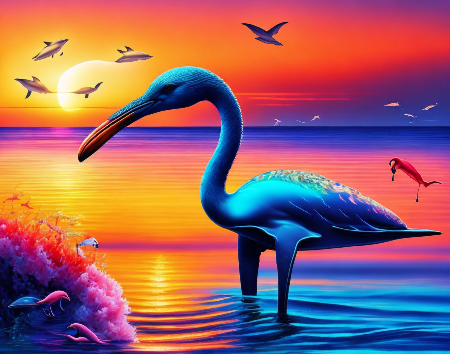 Colorful digital artwork: Blue pelican in water at sunset with coral reef and birds in sky