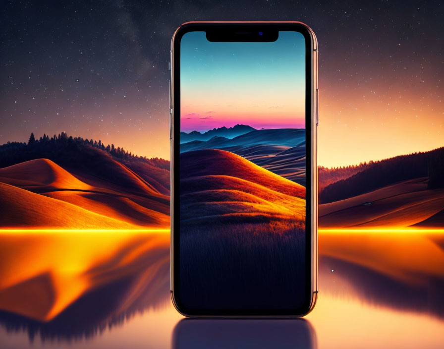 Vibrant sunset over rolling hills on smartphone screen