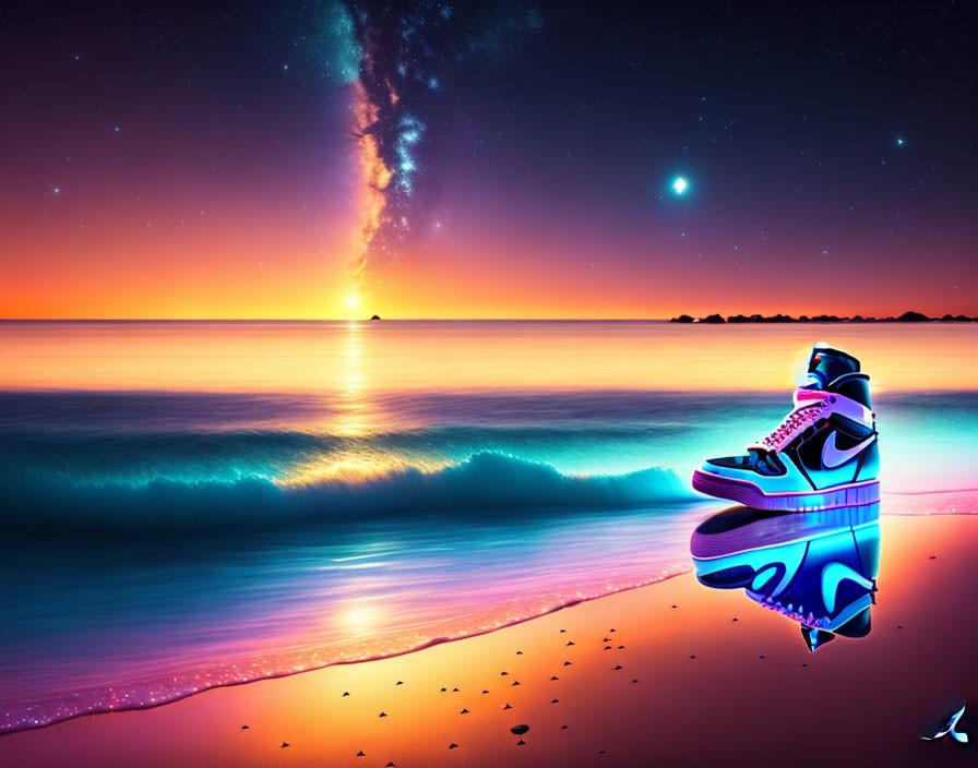 Colorful Sneaker on Beach Sunset with Milky Way Sky