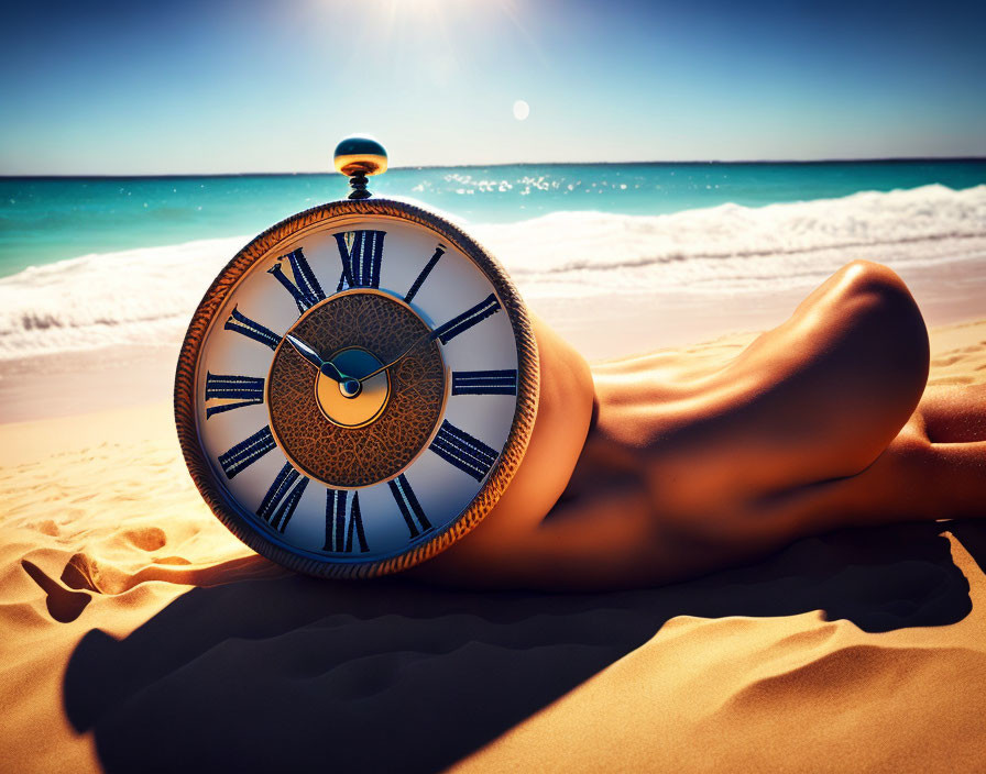 Vintage clock transforms into human body on beach with waves and clear sky