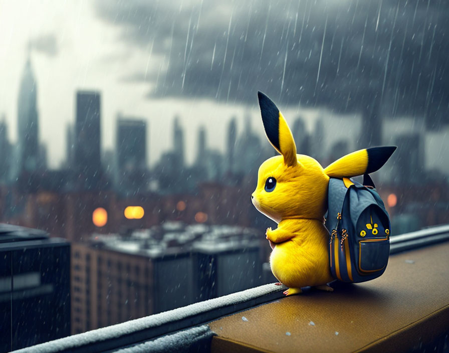 Pikachu with backpack gazes at rainy cityscape