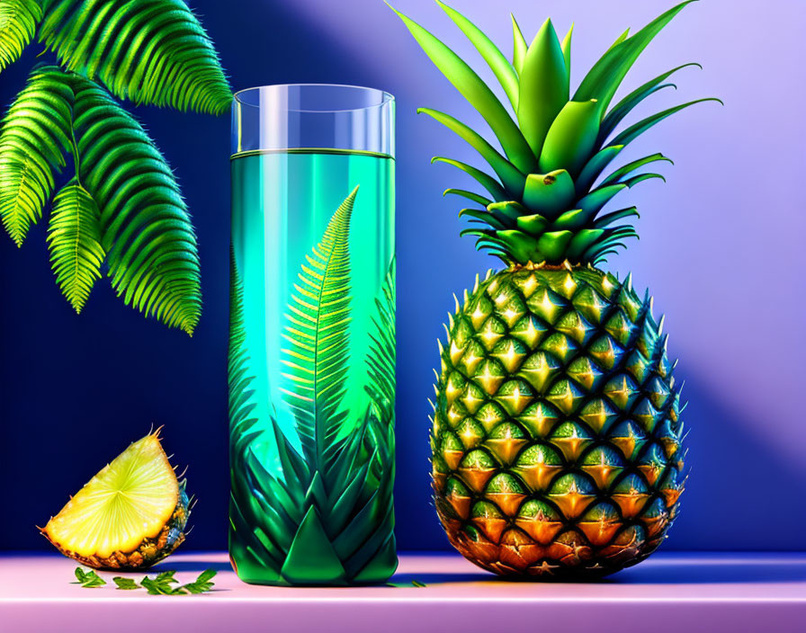 Colorful Pineapple and Drink Bottle Still Life with Fern Leaves on Purple Background