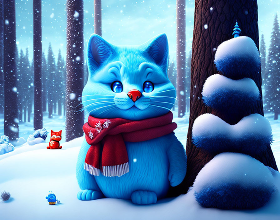 Plump blue cat with red scarf in snowy twilight scene