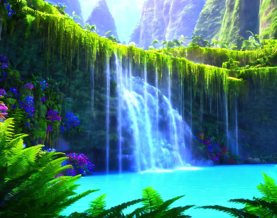 Serene Blue Lagoon with Cascading Waterfall and Lush Greenery