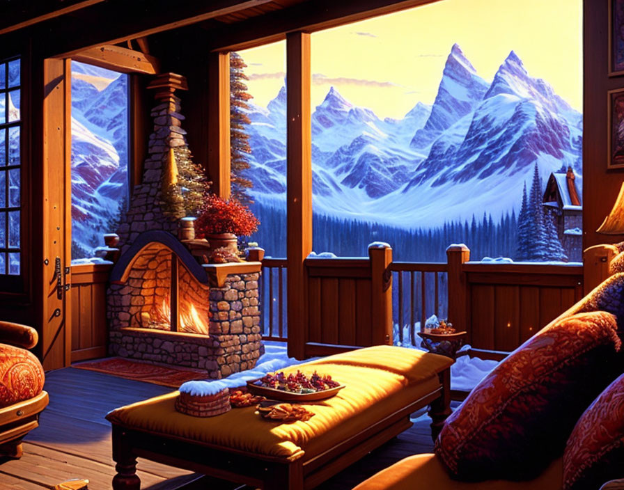 Cozy Cabin Interior with Fireplace, Plush Seating, and Mountain View at Dusk