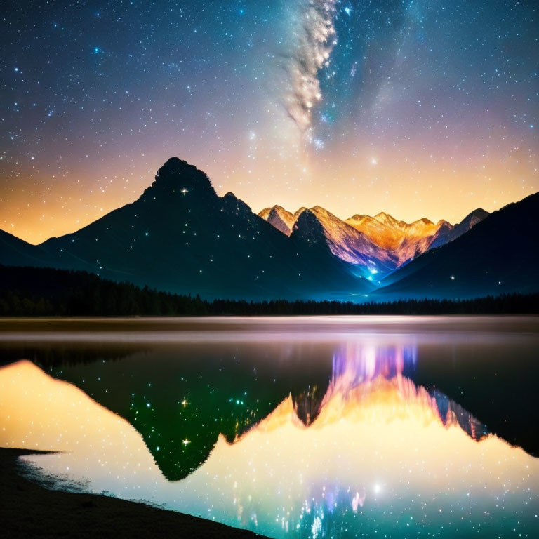 Starry Night Sky Over Mountains Reflected on Calm Lake