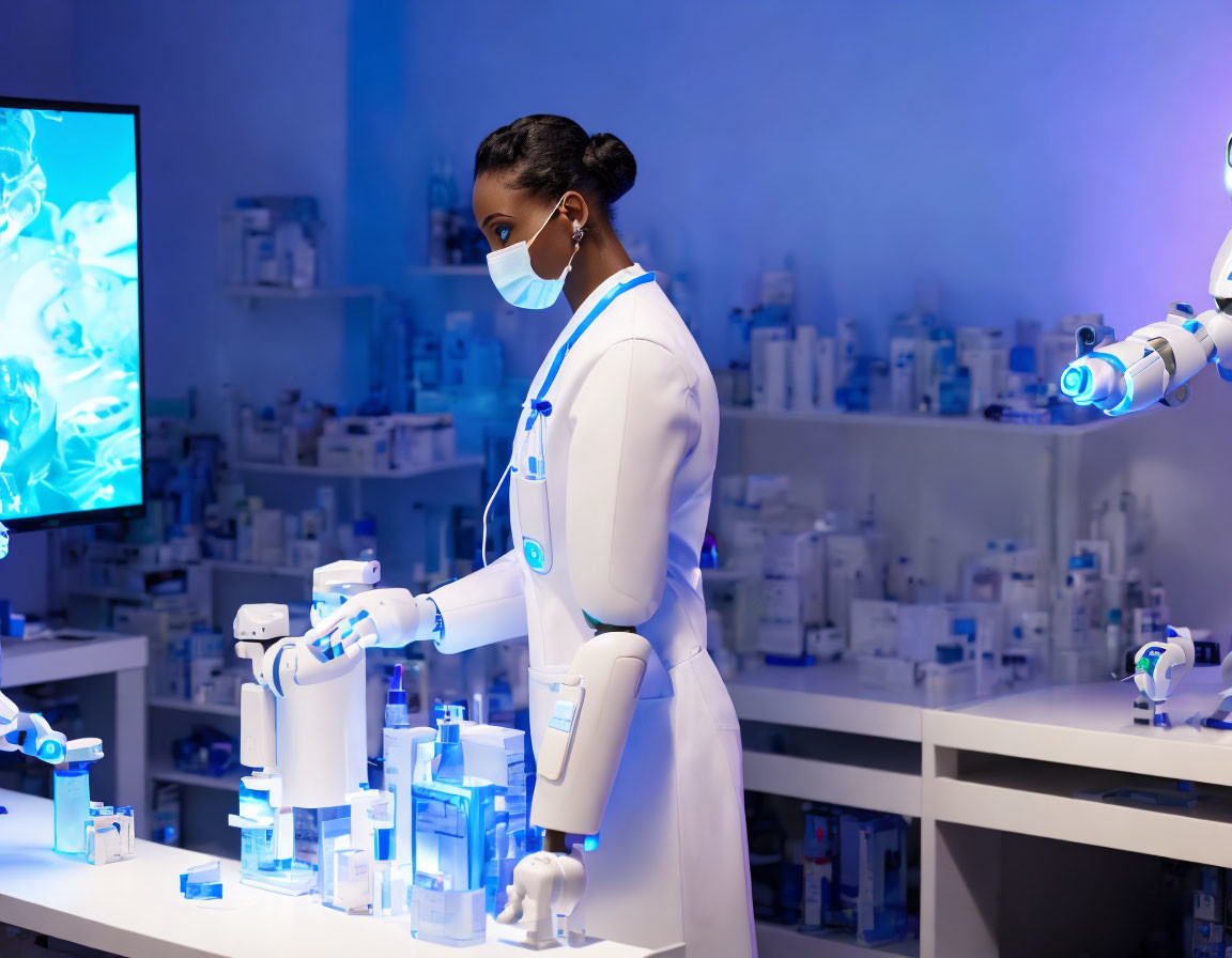 Female pharmacist in mask and lab coat at robotic pharmacy with shelves.