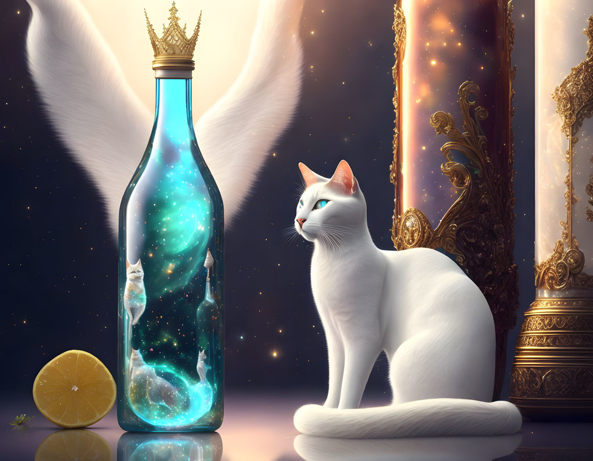 White Cat with Angelic Wings and Golden Crown Beside Galaxy Bottle