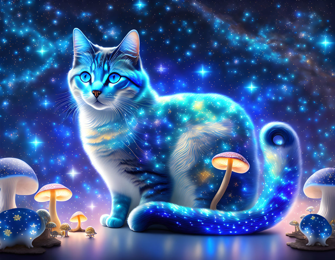 Colorful digital artwork: Blue cat with cosmic fur patterns among glowing mushrooms under starry sky.