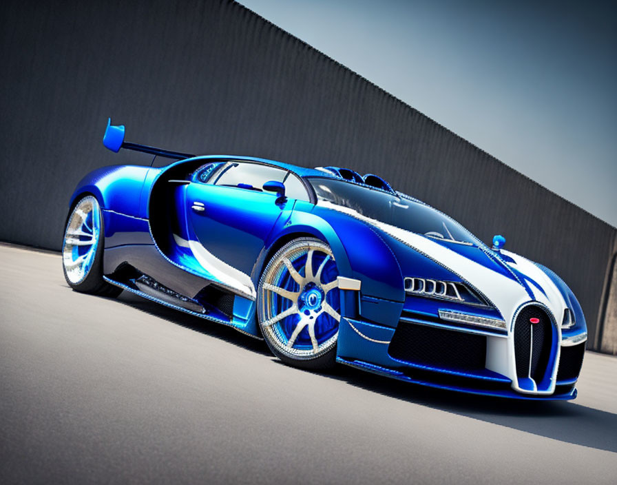 Blue and Black Bugatti Veyron with Open Doors Against Gray Backdrop