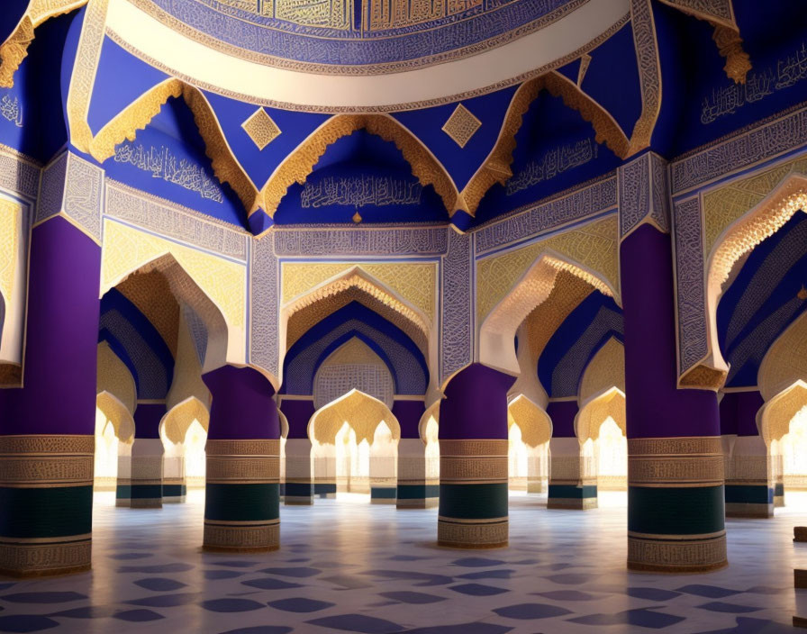 Blue and Gold Arches with Arabic Calligraphy and Geometric Tiled Floor