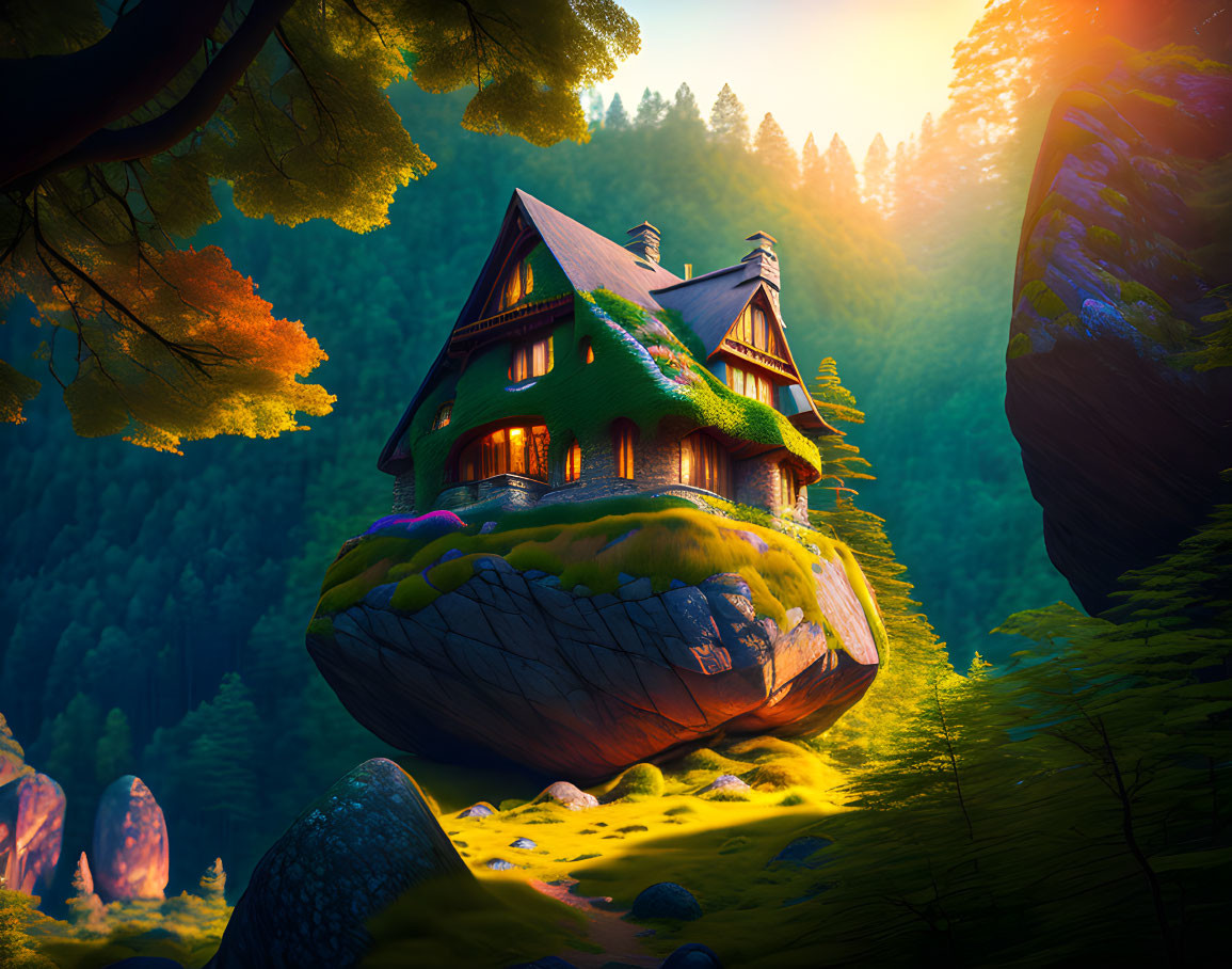 Fantasy cottage on large rock in mystical forest with lush greenery