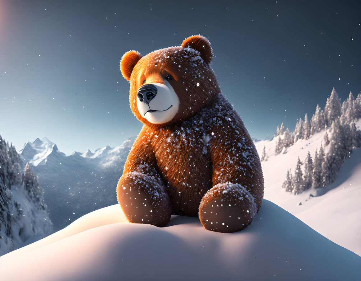 Plush teddy bear on snow with mountain landscape at twilight