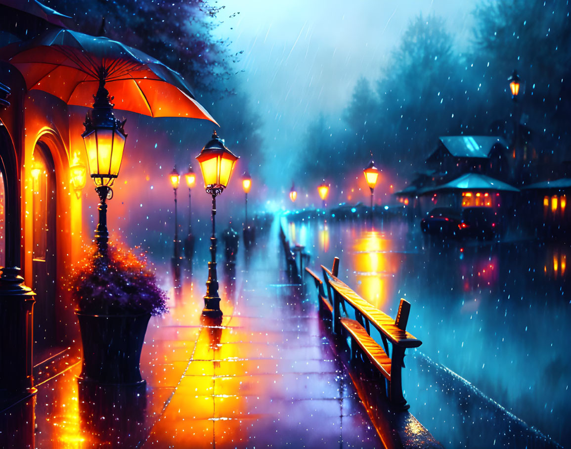 Rainy Evening Scene: Vibrant street lamps, wet pavement, umbrella, calm river.