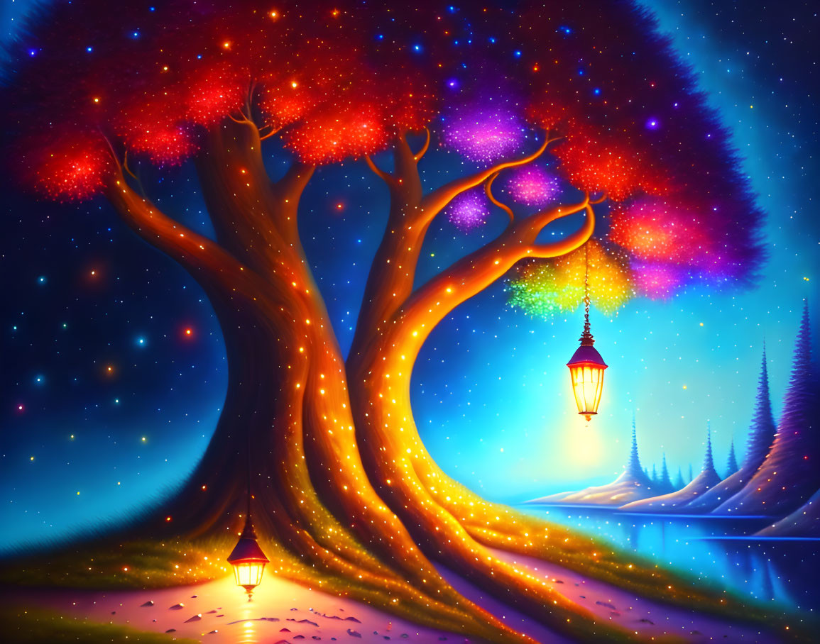 Fantasy landscape with glowing trees, lanterns, and mystical path