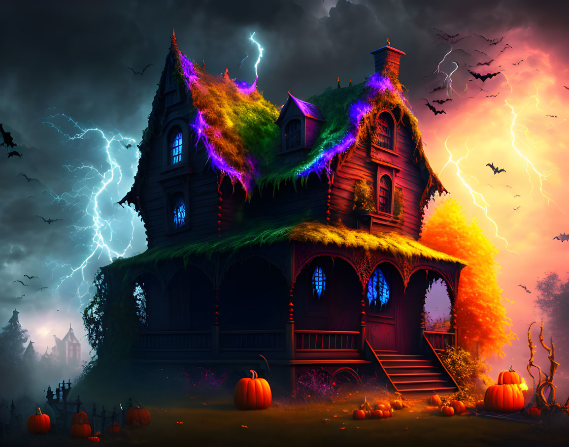 Spooky haunted house with pumpkins under stormy sky and colorful flames