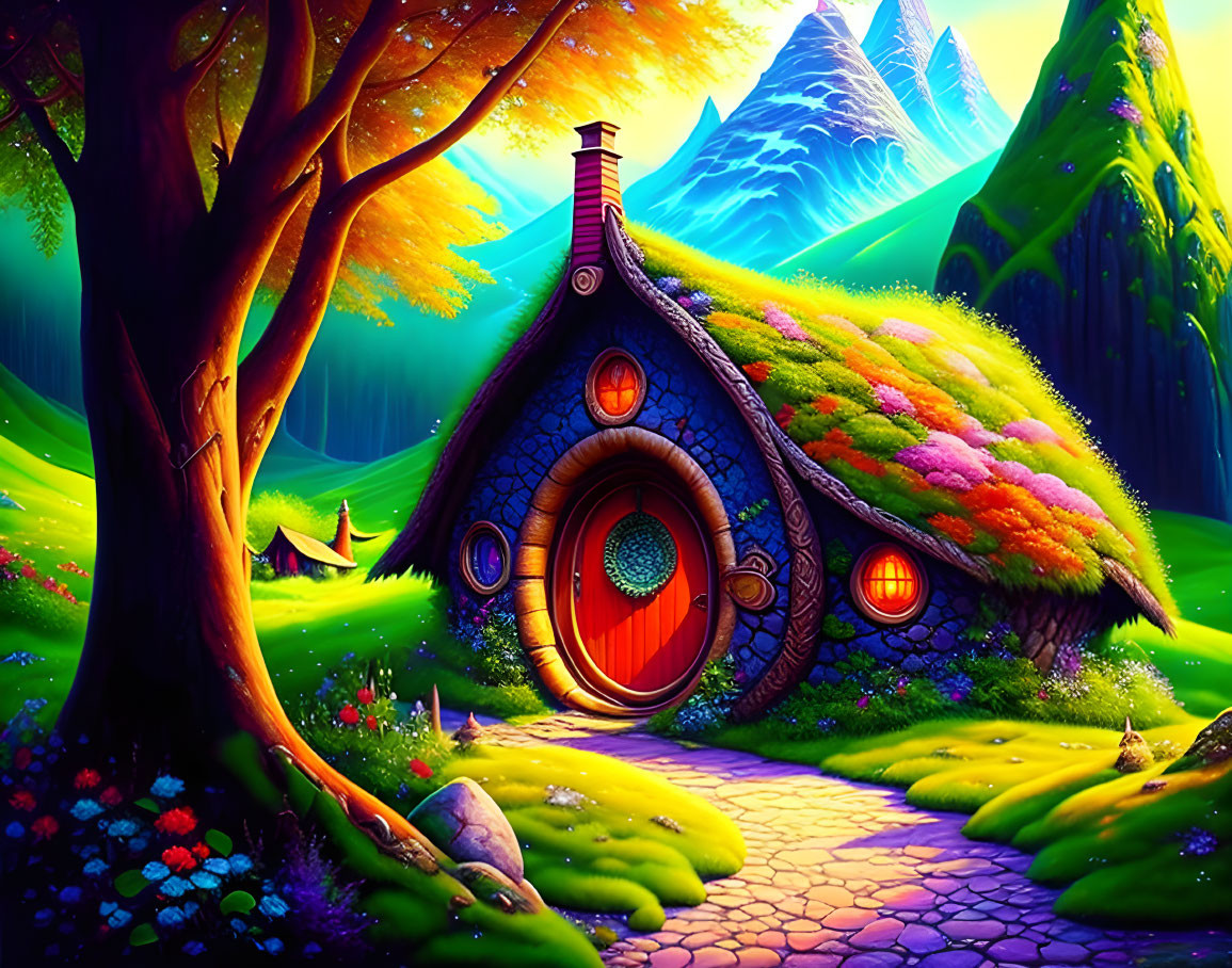 Vibrant fairy-tale cottage in enchanted forest