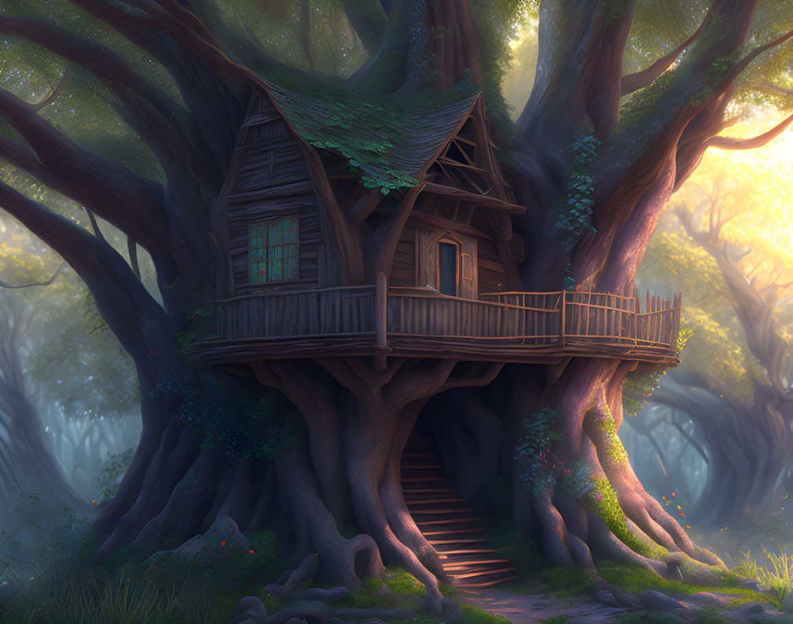 Mystical forest treehouse in giant tree amidst warm sunlight