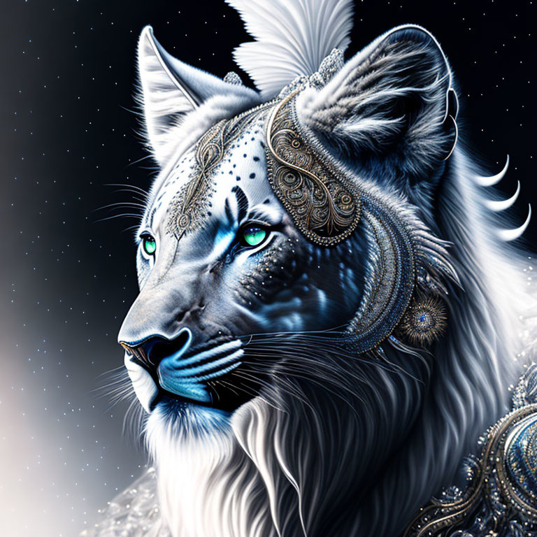 Fantasy white tiger with silver and blue markings and ornate jewelry on starry background