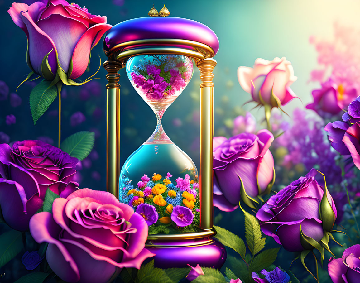 Colorful Hourglass with Blooming Flowers and Roses on Dreamy Background