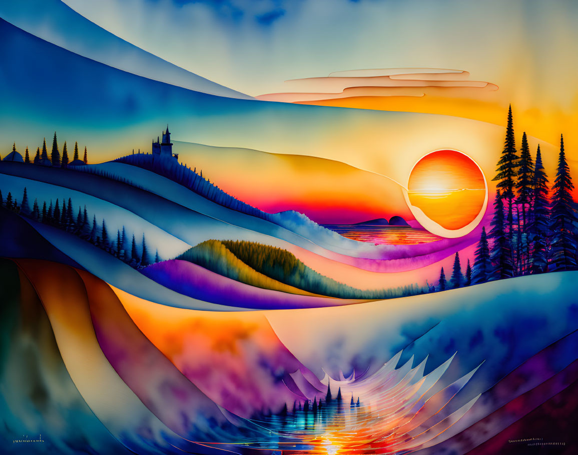 Surreal landscape with castle, hills, trees, sunset & reflective water