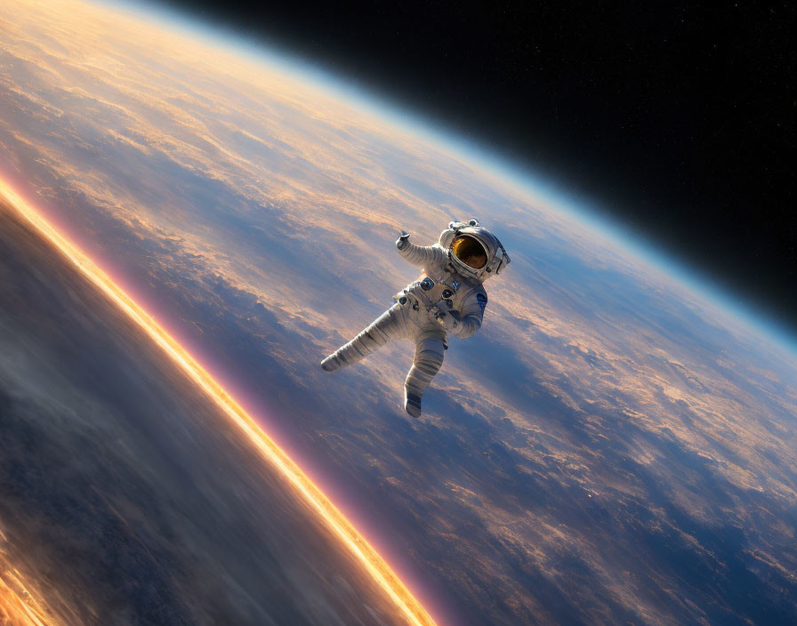 Astronaut in white space suit floating with Earth's horizon and sunrise