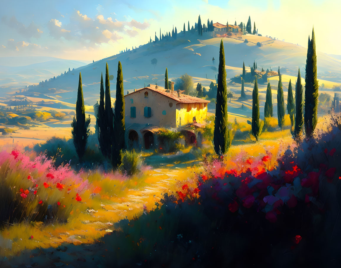 Tuscan landscape with villa, cypress trees, hills & wildflowers at sunset