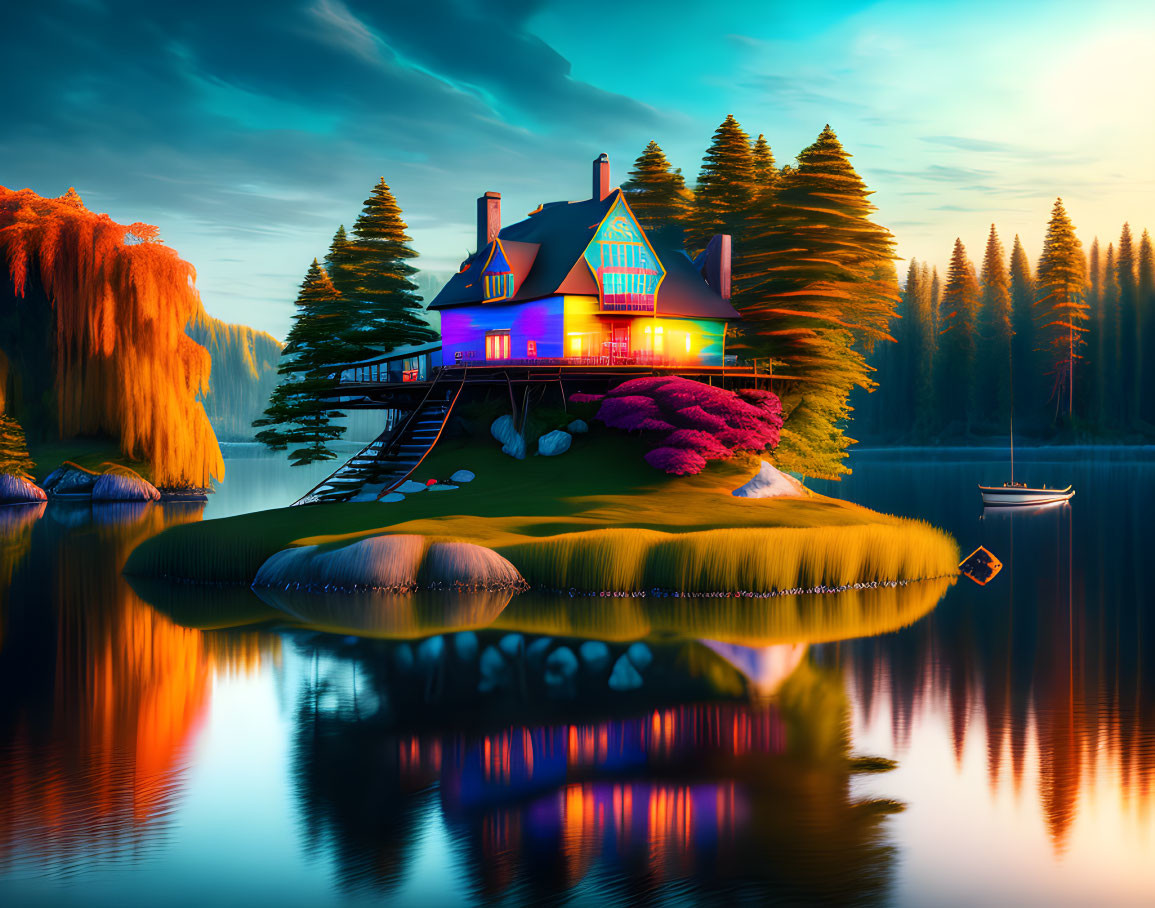 Colorful House on Island with Pine Trees and Lake Reflection at Sunset