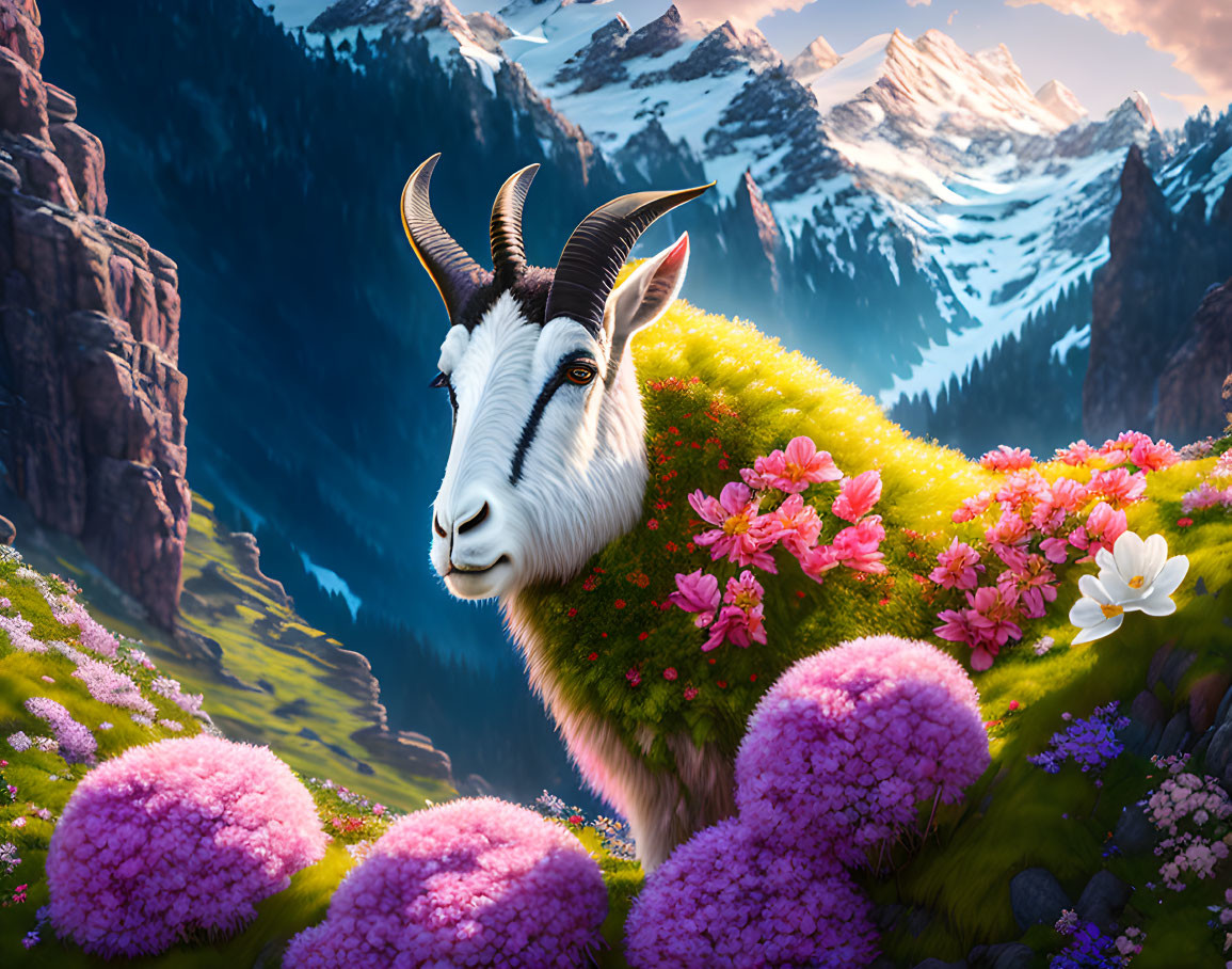 Digital art: Goat with grass and flower-covered body in mountain landscape at sunset