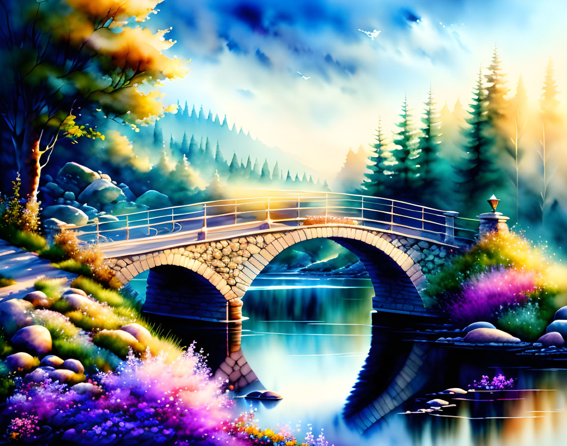 Serene landscape with stone bridge, river, trees, flowers, and lamp post