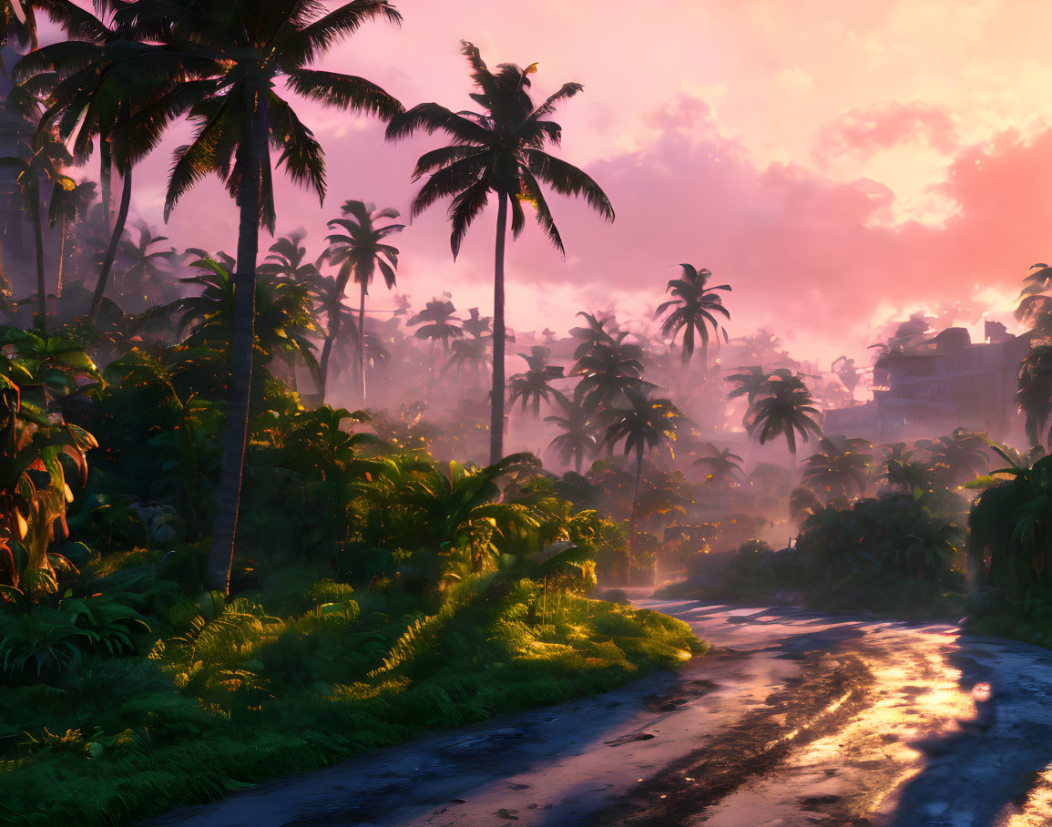 Tropical sunset scene with palm-lined road and lush foliage